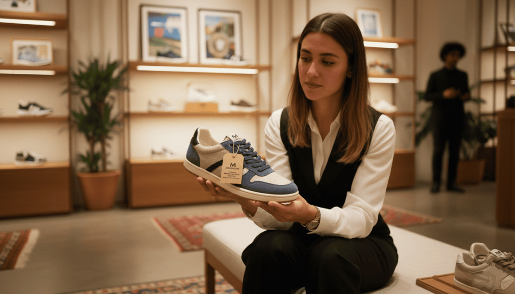 Intérieur de boutique de chaussures, cliente examinant une paire M Moustache