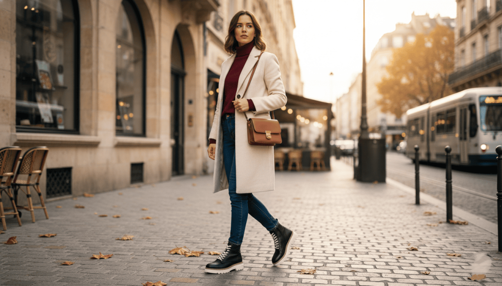 femme portant des chaussures Minuit sur Terre en milieu urbain chic 