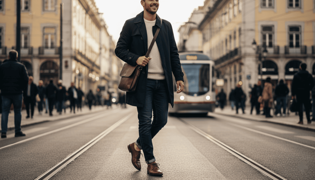 Une personne marchant en ville avec des chaussures Nae vegan Shoes élégantes