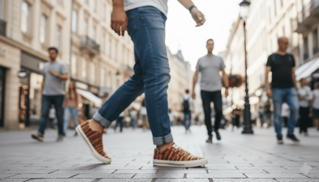 Un homme qui marche dans la rue et porte des chaussures vegan NGo