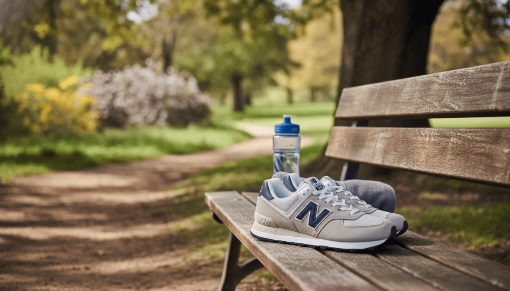 Des New Balance 574 Vegan Friendly posées sur une chaise dans un parc près d'une bouteille d'eau