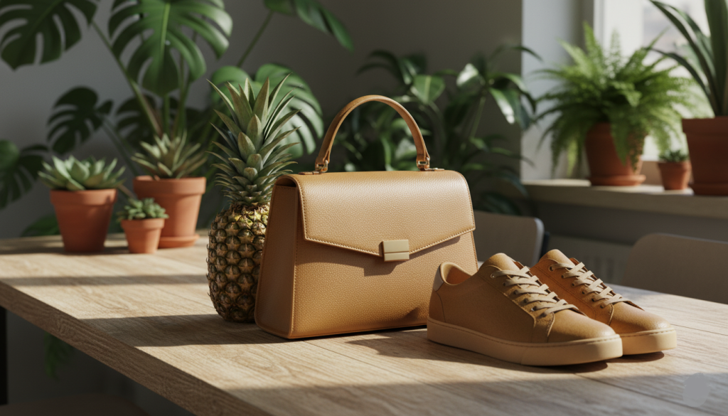Sac et chaussures en Pinatex posées sur une table près d'un ananas, plantes décoratives