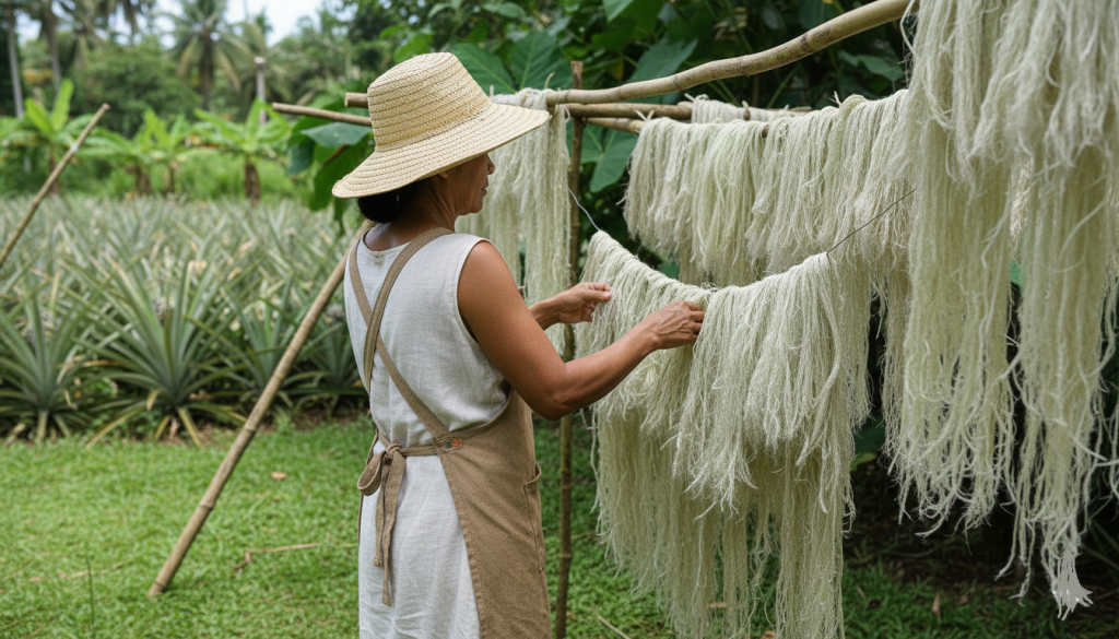 Femme en robe et chapeau large qui manipule les fibres issues de feuilles d'ananas