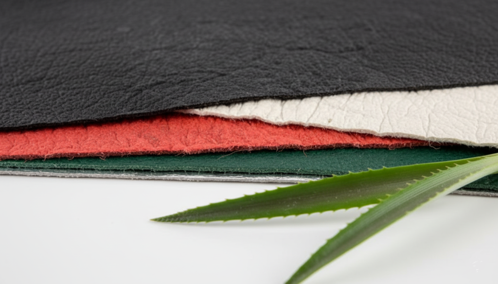 Différentes couleurs de Pinatex et quelques feuilles d'ananas