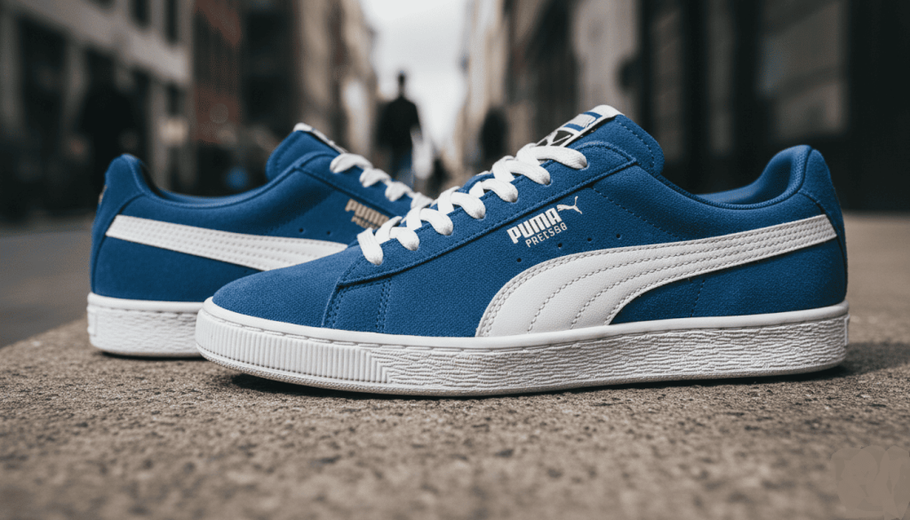 une paire de baskets Puma posées sur un sol urbain en béton