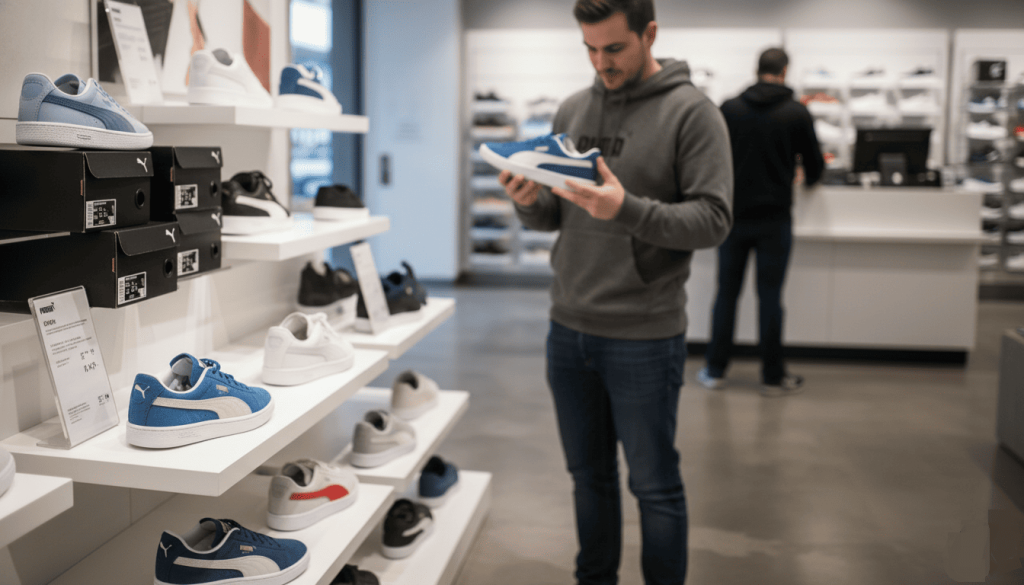 rayon Puma avec plusieurs modèles authentiques exposés, étiquettes visibles (sans texte lisible précis), client examinant une chaussure
