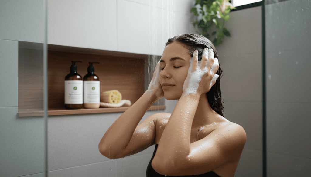 douche moderne avec une personne appliquant un shampoing vegan sur ses cheveux, mousse naturelle, flacon visible avec design écologique