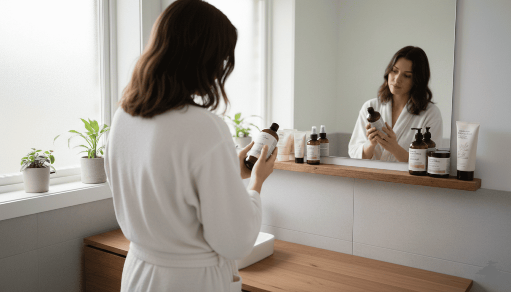 salle de bain lumineuse et moderne, une personne examine attentivement l’étiquette d’un shampoing vegan devant un miroir, plusieurs produits capillaires naturels posés sur une étagère