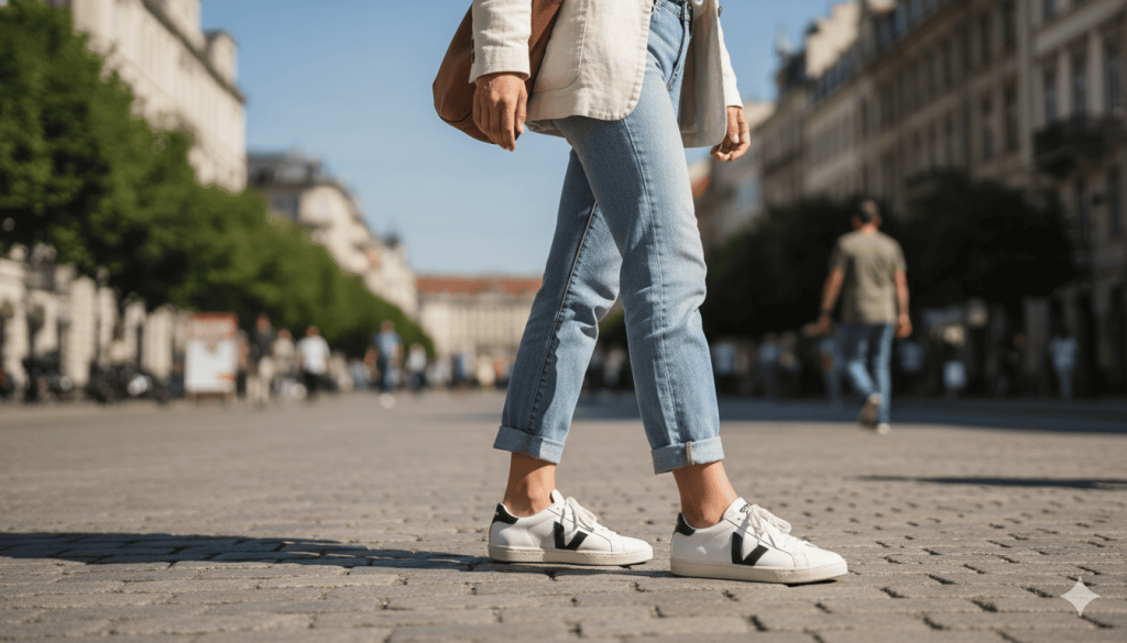 Femme portant des Veja Campo blanches dans une rue urbaine
