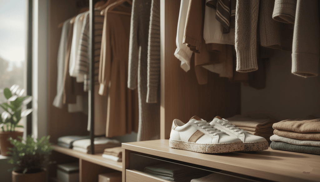 Baskets vegan pour femme posées dans un dressing moderne avec vêtements éthiques