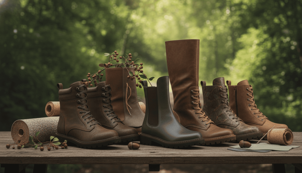 Plusieurs bottes vegan modernes posées sur une table en bois