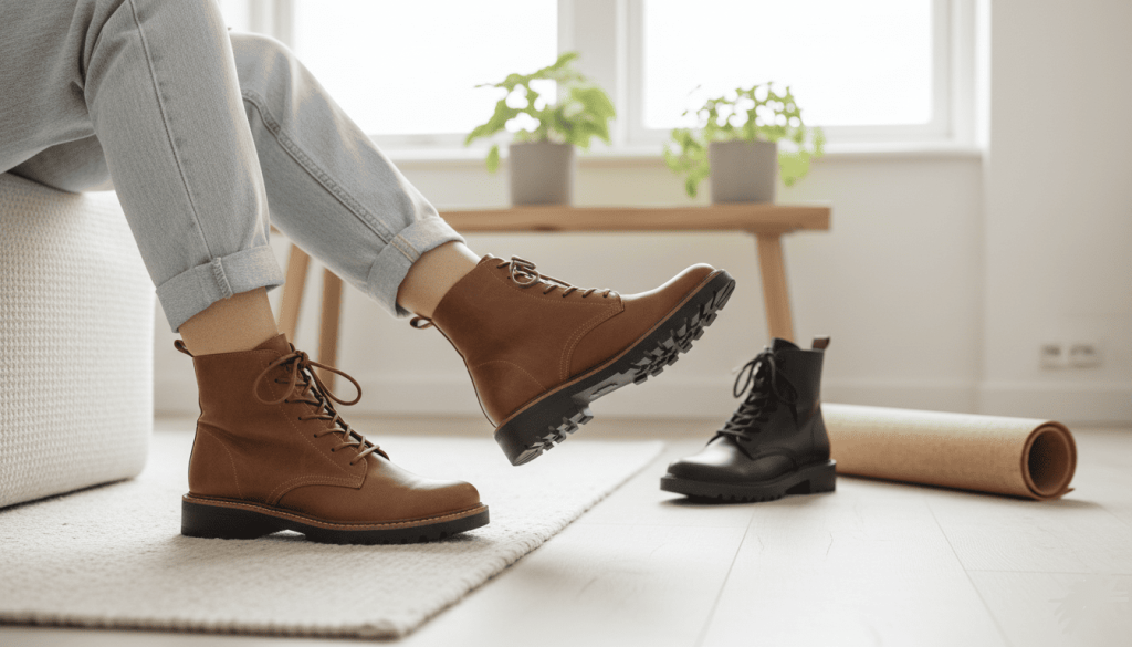 Une personne essayant des bottes vegan dans un intérieur lumineux