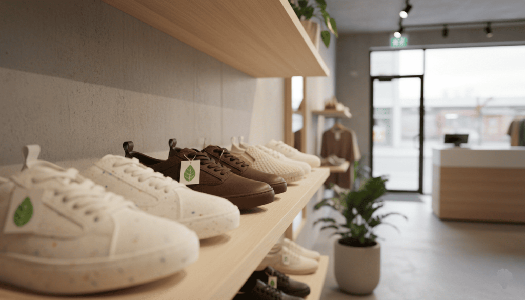 Plusieurs paires de chaussures éco-responsables alignées sur une étagère