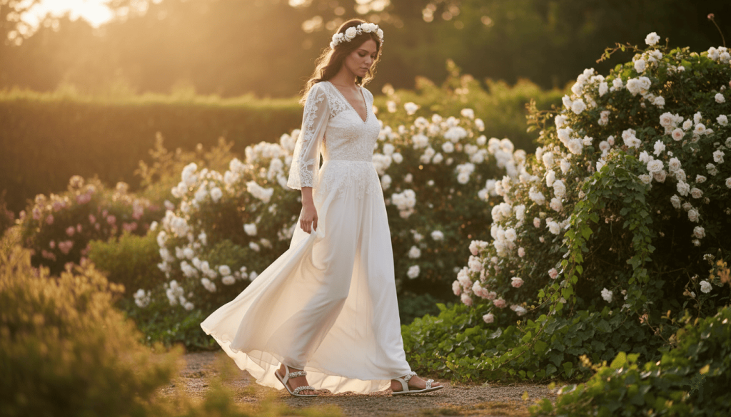 une femme en robe de mariée qui porte des chaussures de mariage vegan