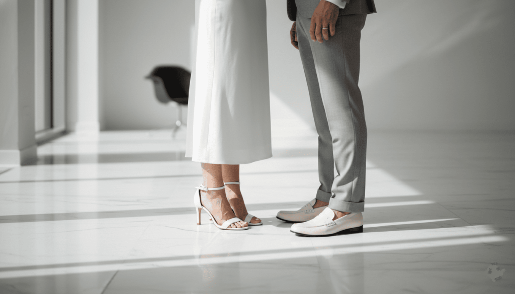 un couple élégant lors d’un mariage en extérieur, focus discret sur les chaussures vegan chic du marié et de la mariée, décor floral et ambiance romantique