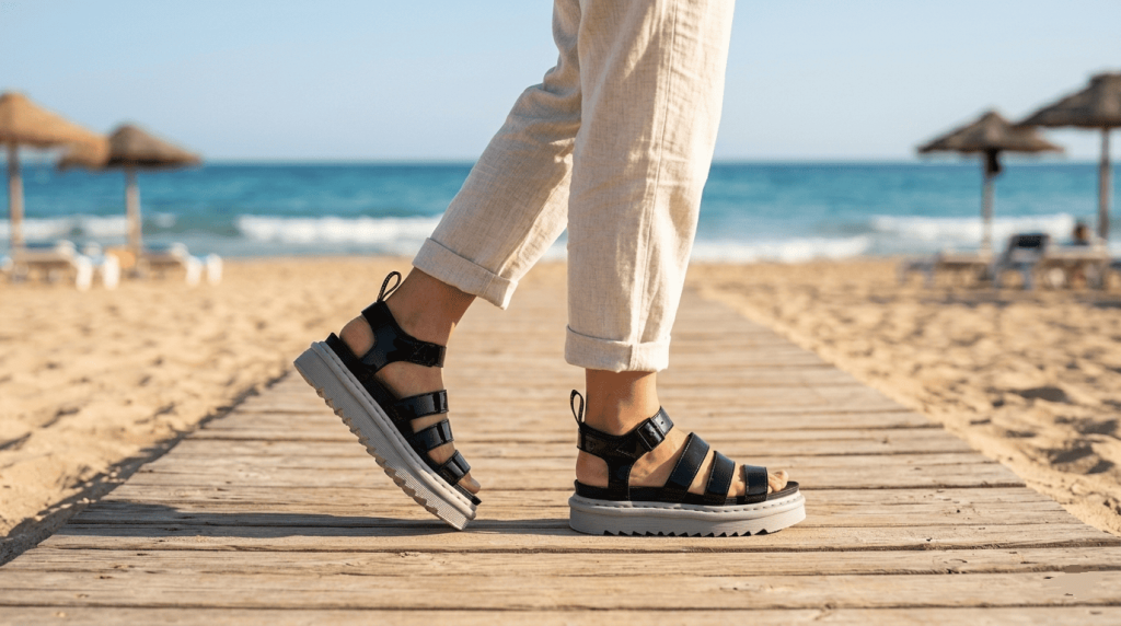 sandales vegan portées sur la plage