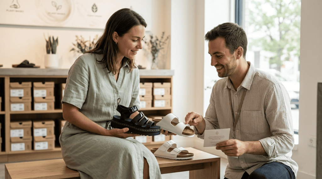 Une femme qui choisit ses sandales vegan aidée par le vendeur