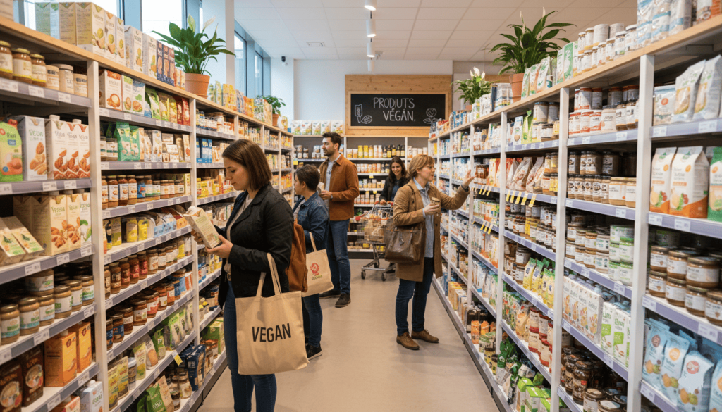un rayon de magasin bio rempli de produits vegan variés, clients en train de regarder les articles