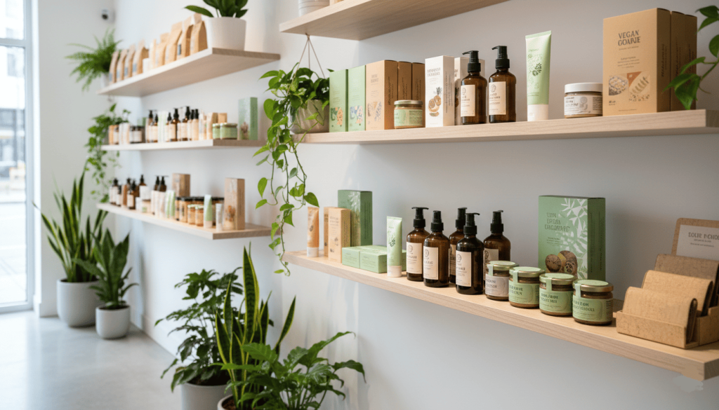 concept store écologique présentant plusieurs marques vegan sur des étagères modernes, produits cosmétiques, alimentaires et accessoires,