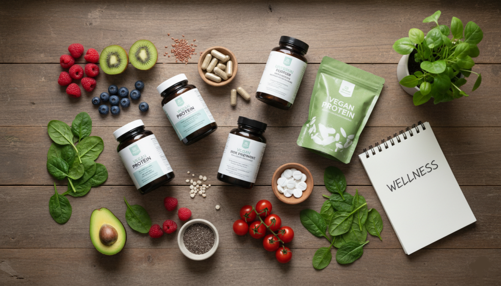 une table en bois avec plusieurs compléments alimentaires vegan : gélules, poudres, comprimés, accompagnés d’aliments végétaux comme fruits, graines et légumes