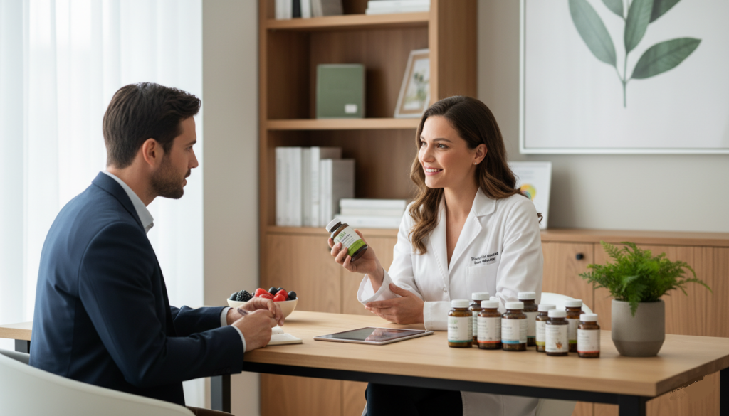 une nutritionniste ou d’un professionnel de santé expliquant différents compléments alimentaires vegan à une personne dans un cabinet moderne, flacons de vitamines et compléments posés sur la table