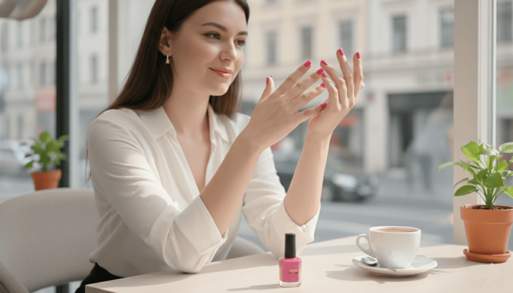 une femme admirant ses ongles fraîchement vernis avec un flacon de vernis vegan posé sur une table dans un café lumineux