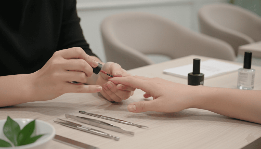 une manucure en train d’appliquer un vernis vegan coloré sur des ongles parfaitement préparés