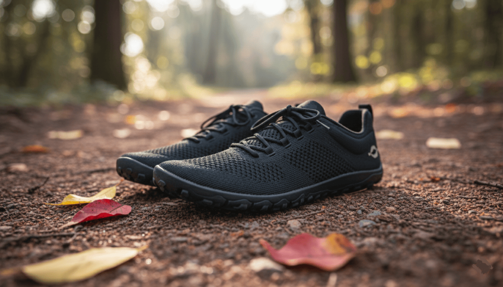 Chaussures Vivobarefoot posées sur un sentier naturel, terre et feuilles,