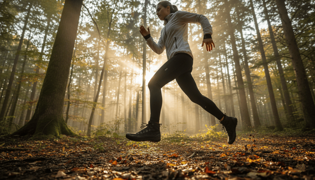 une personne courant en nature avec des chaussures Vivobarefoot