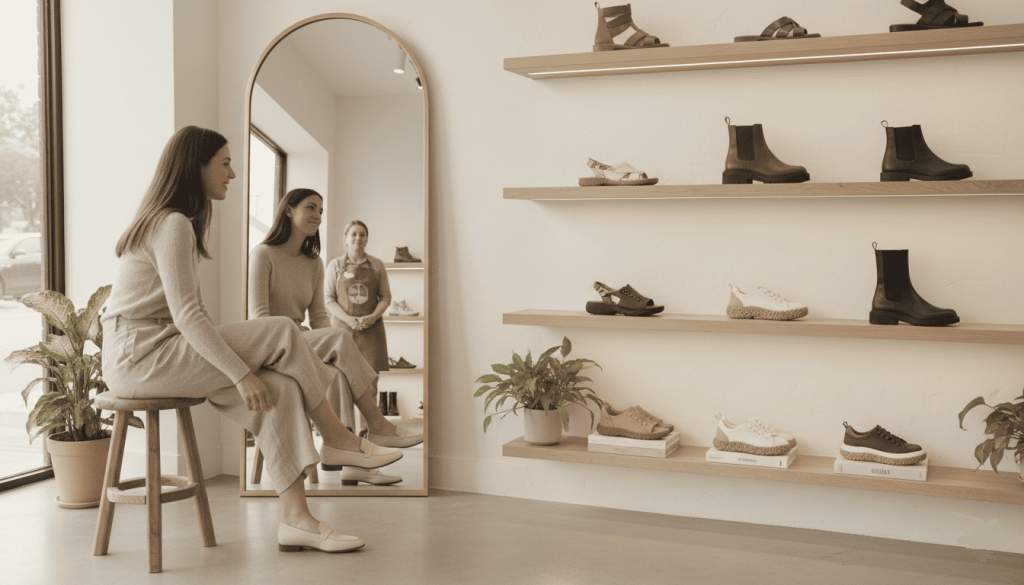 ne boutique de chaussures éthique, une cliente essaie des chaussures vegan élégantes devant un miroir, plusieurs modèles exposés sur des étagères minimalistes