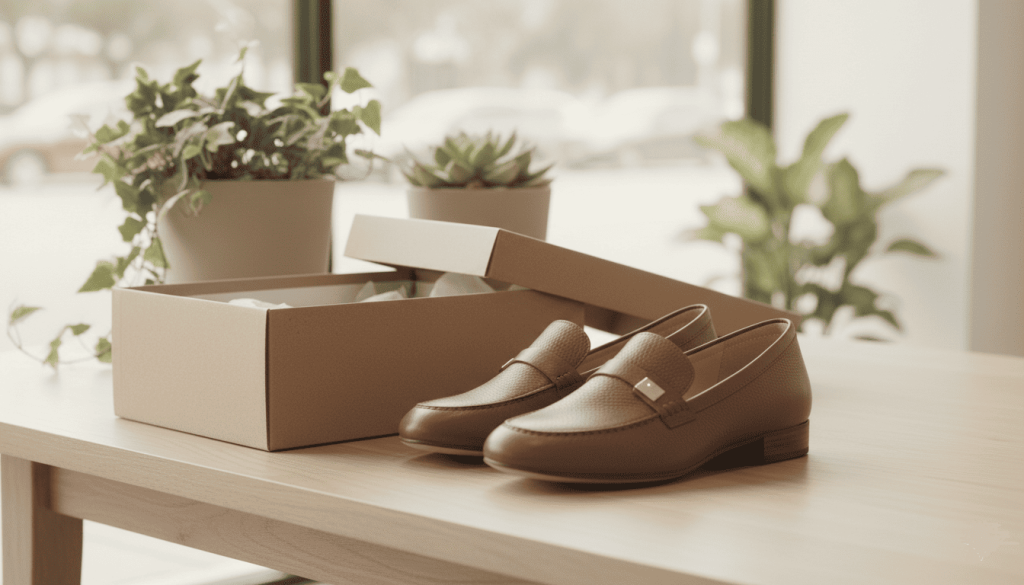 chaussures vegan posées sur une table avec boîte, matières visibles et détails du design