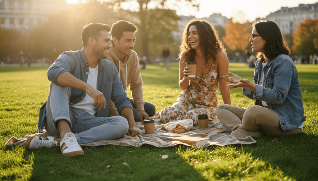 Groupe d’amis discutant dans un parc, l’un d’eux porte des Zeta Shoes visibles,