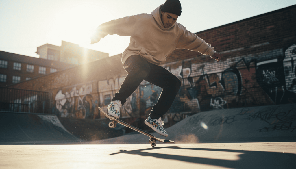 Jeune personne en skate dans un environnement urbain, portant des baskets Zeta Shoes,