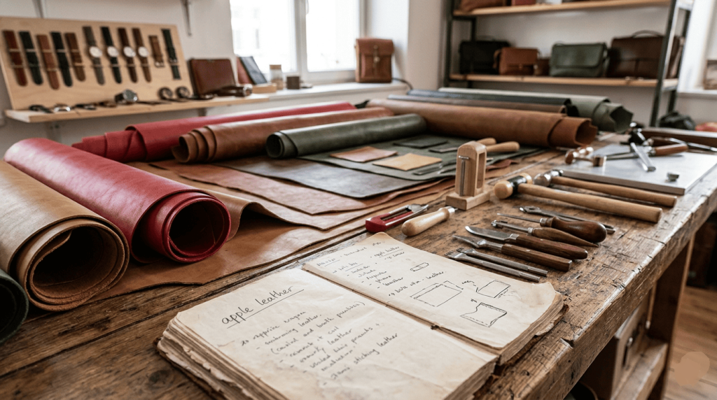 Atelier artisanal avec feuilles Appleskin, outils de maroquinerie
