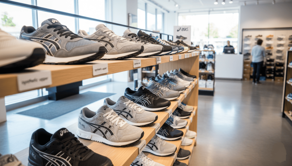 un magasin de sport, étagère avec plusieurs modèles Asics