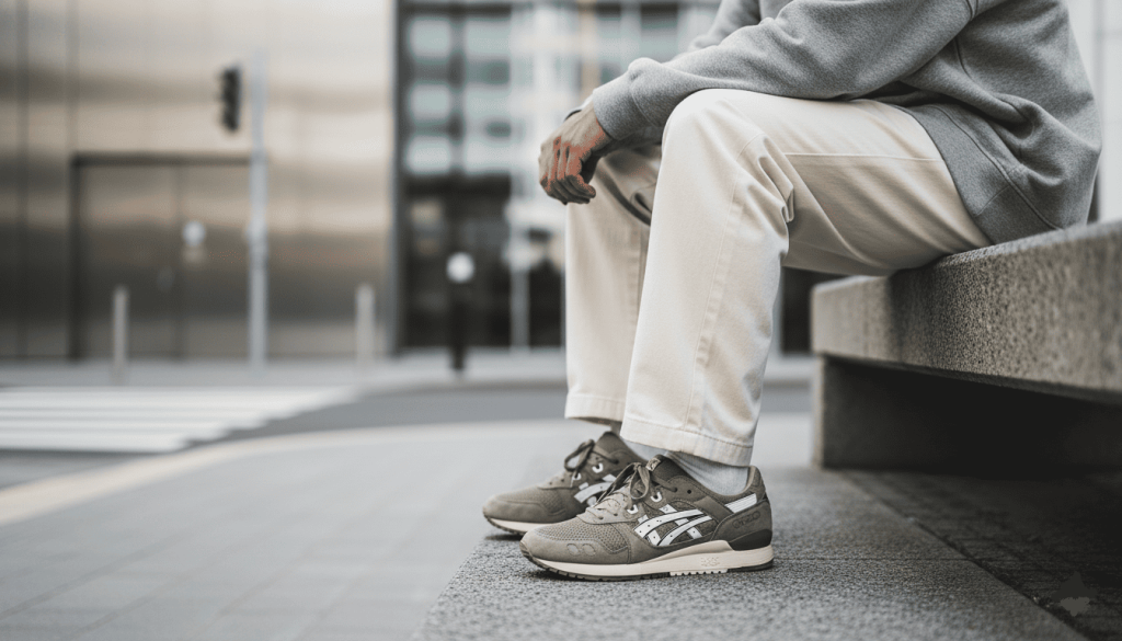 une personne assise sur un banc en béton portant des Asics Gel-Lyte III en version textile