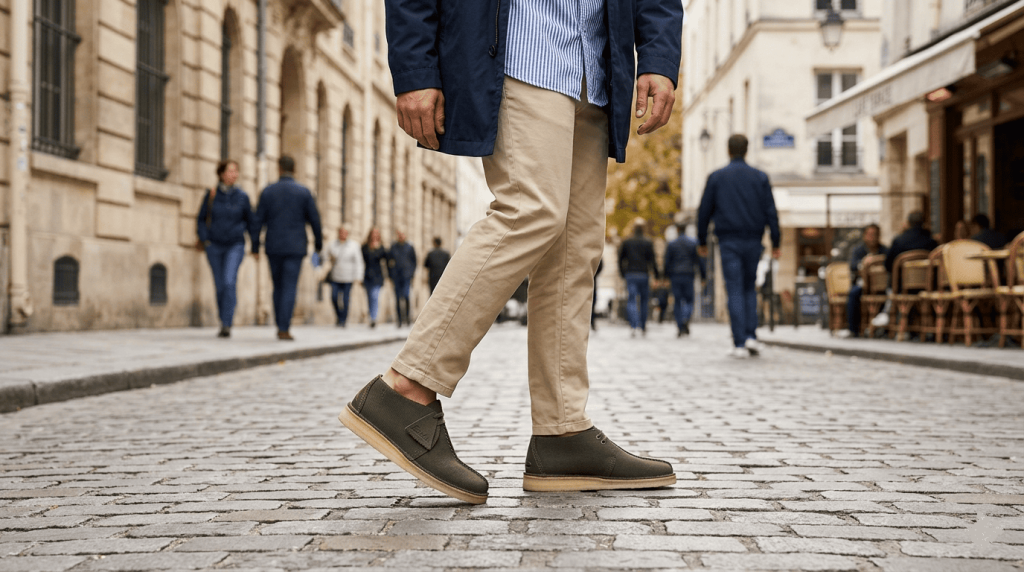 une Clarks Desert Trek en textile (pas cuir), tenue casual chic, rue européenne