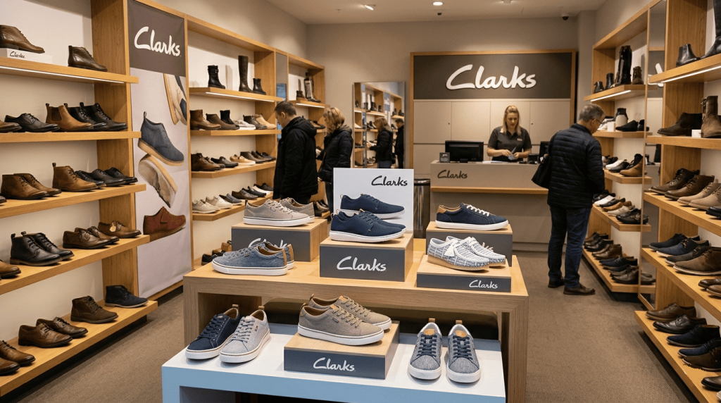 Intérieur magasin Clarks, étagères organisées, modèles textile visibles