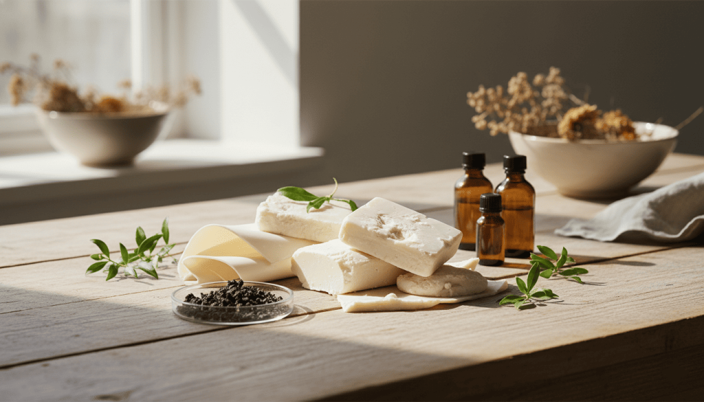 matières premières naturelles utilisées pour le cuir MIRUM (caoutchouc naturel, plantes, huiles), disposées sur table en bois