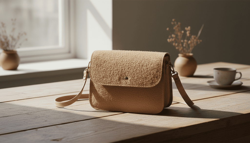 sac artisanal en cuir Muskin, posé sur table en bois