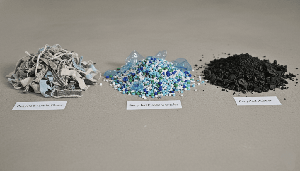 différentes matières recyclées utilisées dans les chaussures (granulés de plastique recyclé, fibres textiles, caoutchouc recyclé)