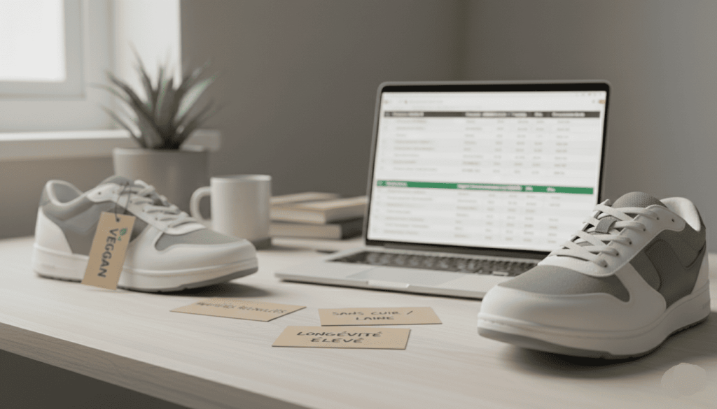 Un bureau avec chaussures vegan, étiquettes de composition, notes sur durabilité