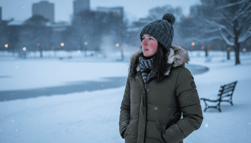 une personne en extérieur en hiver portant un bonnet vegan