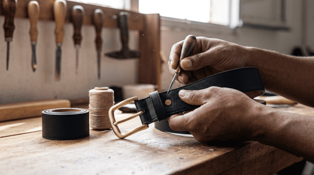 Artisan manipulant une ceinture vegan en cours de fabrication