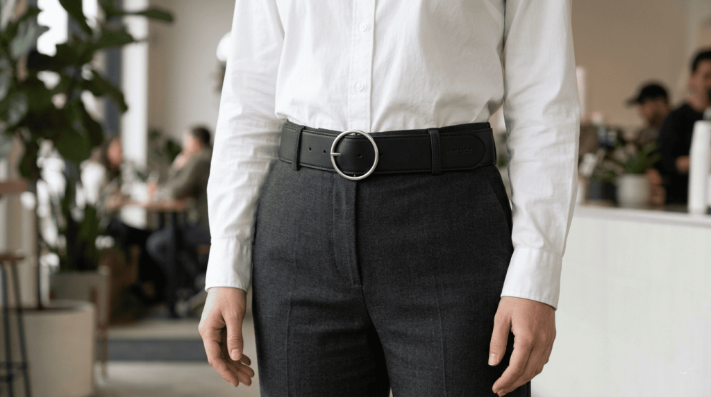 une tenue avec ceinture vegan élégante (style Matt & Nat), pantalon taille haute
