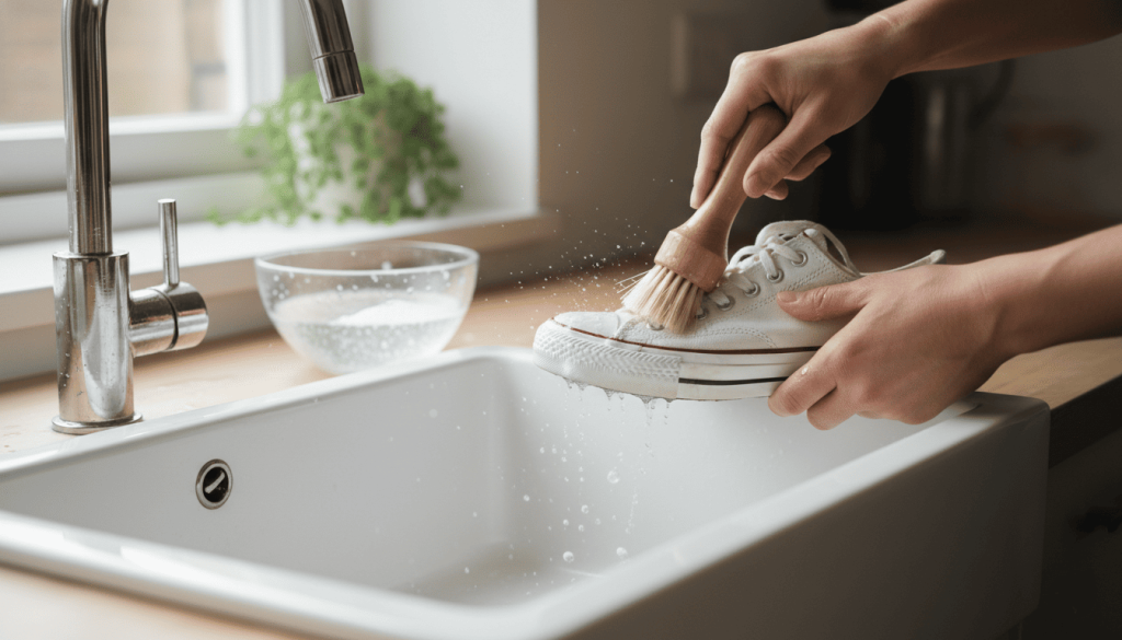 une personne nettoyant des sneakers vegan blanches avec une brosse douce et un bol d’eau savonneuse