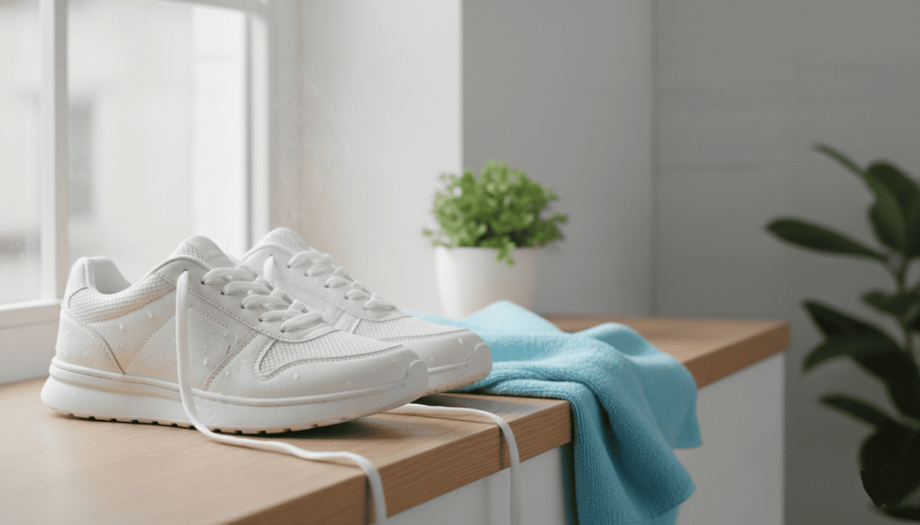 sneakers vegan propres en train de sécher à l’air libre sur un rebord de fenêtre