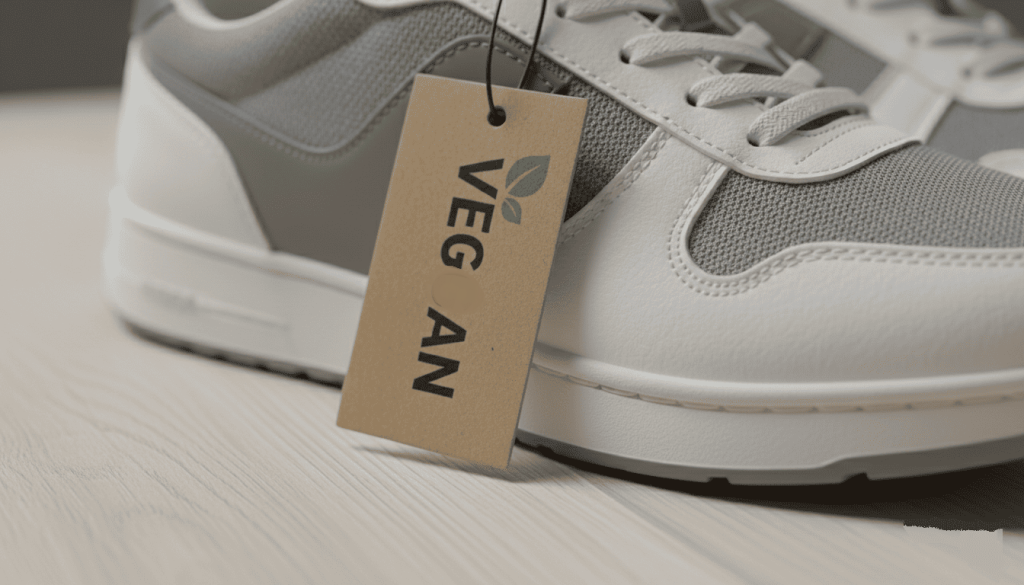 Une chaussure avec étiquette “vegan” visible