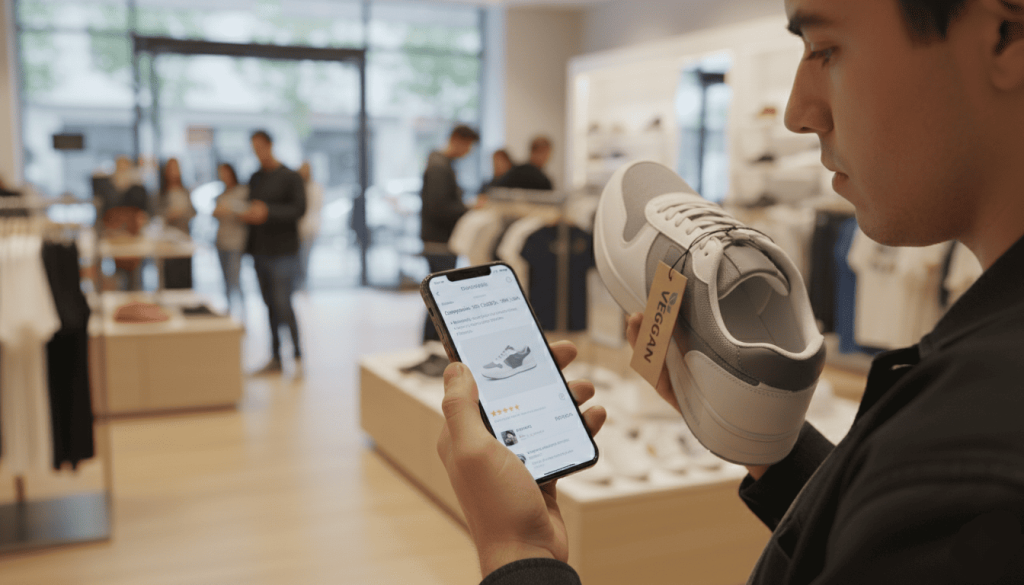Une personne examinant une chaussure avec smartphone affichant une fiche produit détaillée