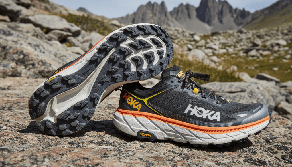 Chaussures Hoka Speedgoat posées sur terrain rocailleux,
